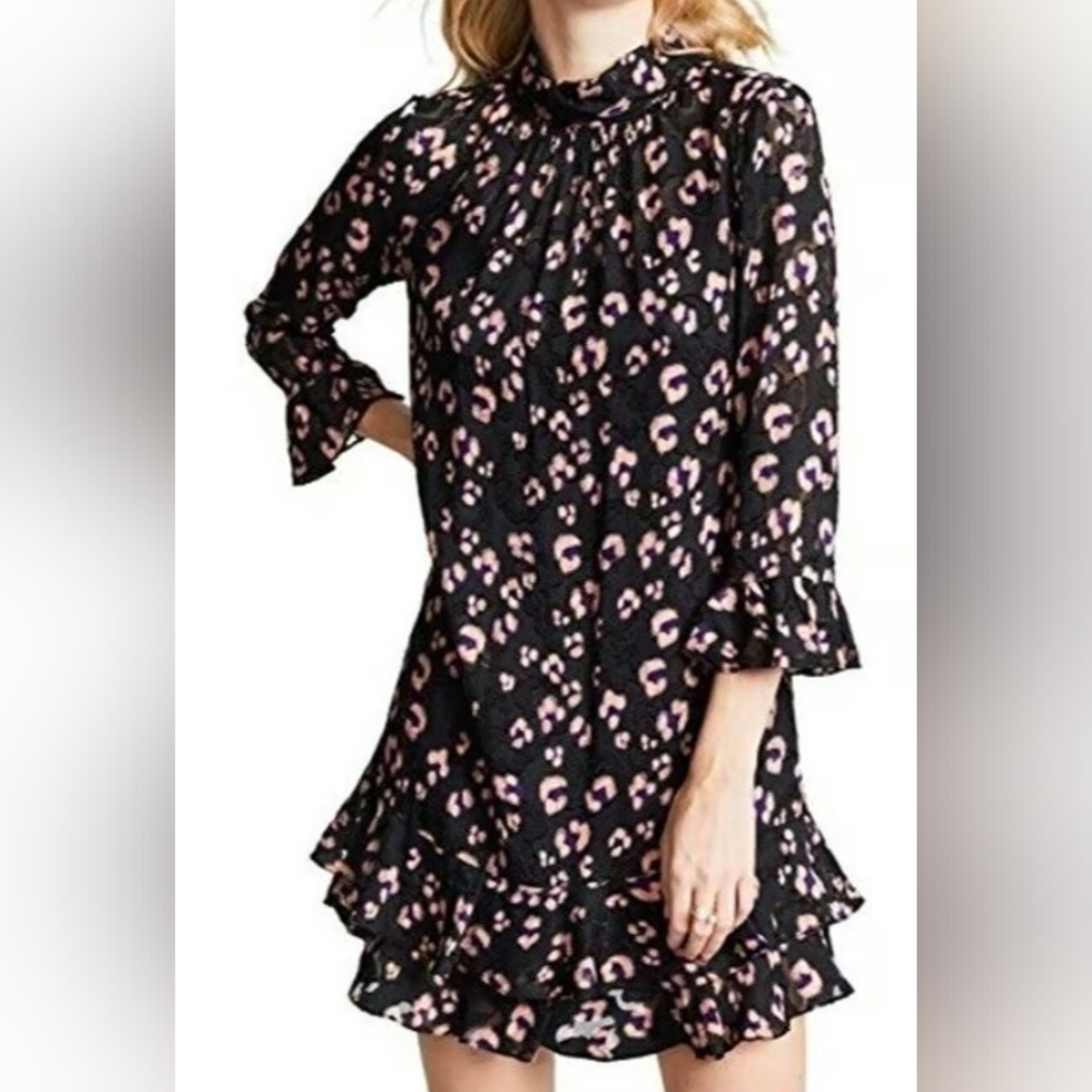 🔥 Rebecca Taylor Flounced Cheetah Print Silk Blend Fabric Dress Size 12